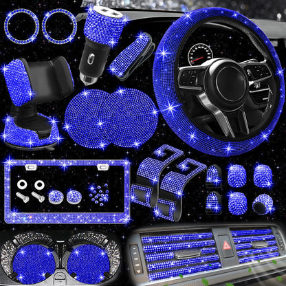 NBTEPEM 27-Piece Bling Car Accessories Set - Universal Fit Steering Wheel Covers, License Plate Frames, Phone Holder, Car Fast Charger, Coasters (Pink)