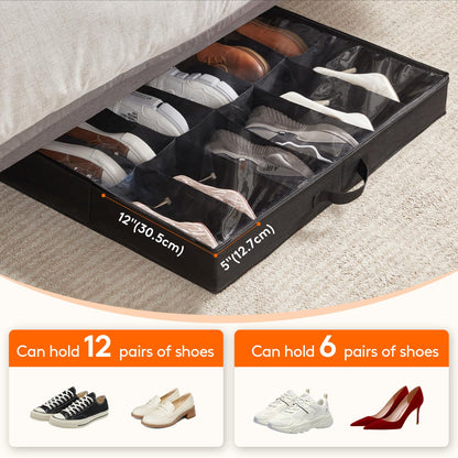 Lifewit Under Bed Shoe Storage Organizer 2 Pack(12 Shoes Cells), 4.3 Inches Profile Fabric Shoes Container Box with Clear Cover, Foldable Storage Bag with 2 Handles, Fits 12 to 24 Pairs
