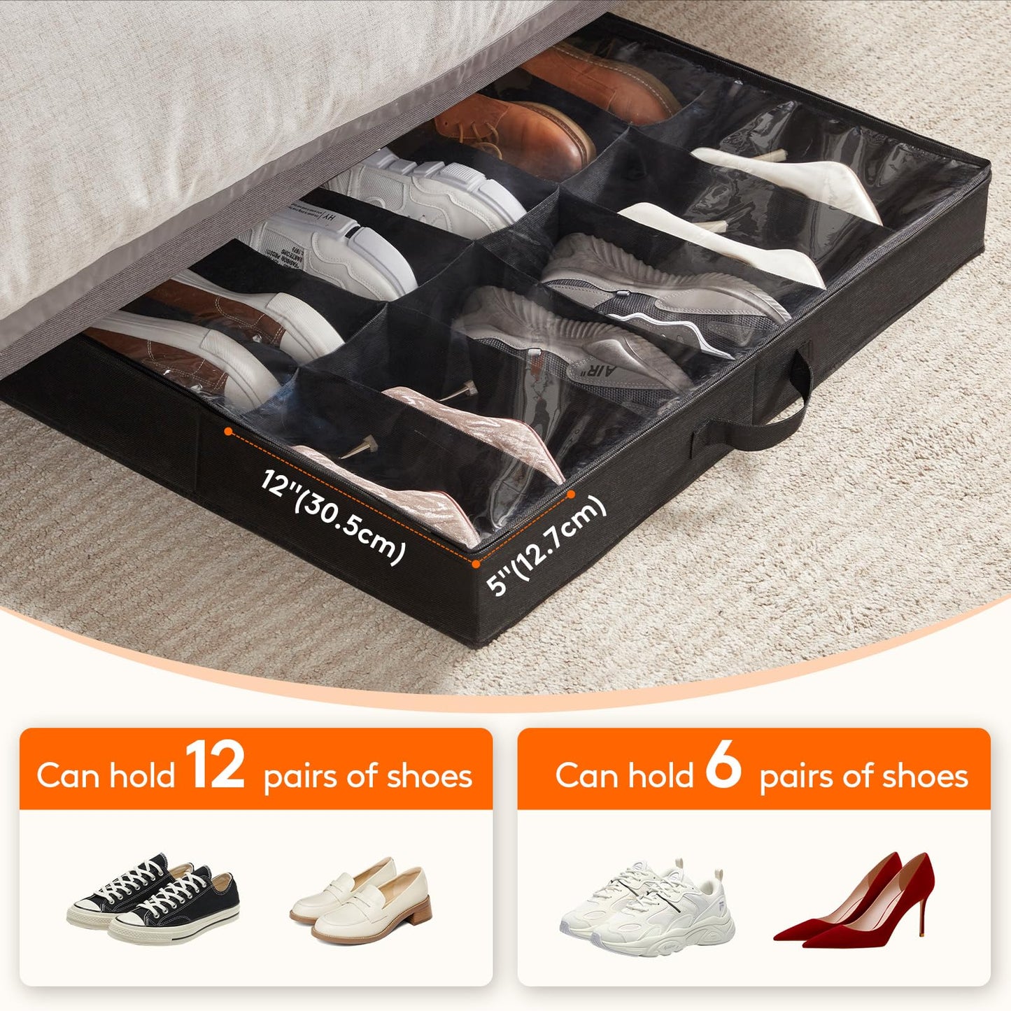 Lifewit Under Bed Shoe Storage Organizer 2 Pack(12 Shoes Cells), 4.3 Inches Profile Fabric Shoes Container Box with Clear Cover, Foldable Storage Bag with 2 Handles, Fits 12 to 24 Pairs