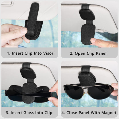 2 Packs Sunglasses Holder for Car Visor, Genuine Leather Car Sunglass Holder, Glasses Clip for Cars,Auto Interior Accessories Universal for SUV Pickup Truck (Black-(2 Pcs)
