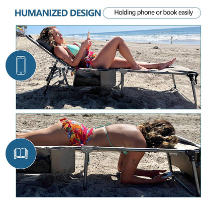 Tanning Chair with Face Hole, Adjustable Folding Chaise Lounge Chairs for Outside with Detachable Pillow & Pocket，Portable flat beach chairs for sunbathing, beach lawns camping (Purple, Standard)