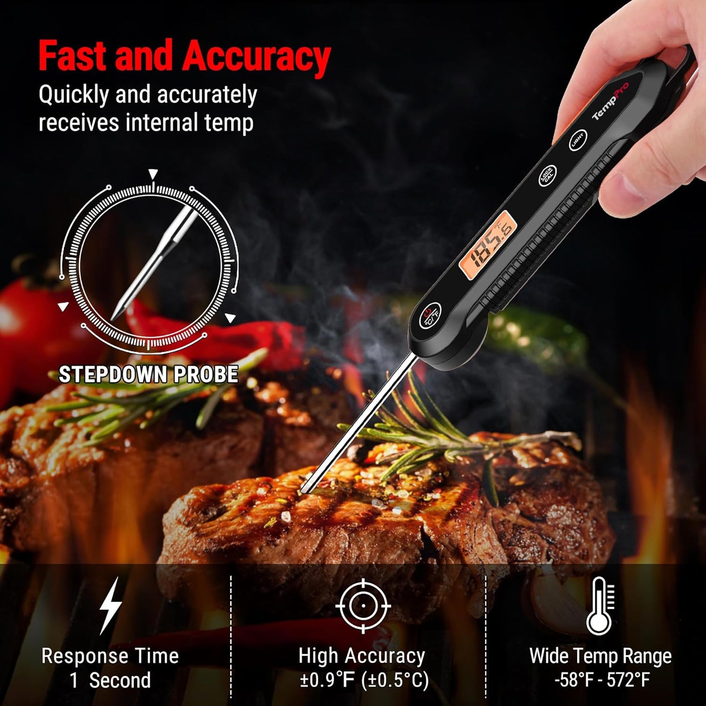 TempPro Digitales Sofortablese-Fleischthermometer zum Grillen, wasserdichtes Küchen-Lebensmittelthermometer mit Kalibrierfunktion und Hintergrundbeleuchtung, zum Backen von Brot, Süßigkeiten, Kochwerkzeug, Utensilien (zuvor ThermoPro)
