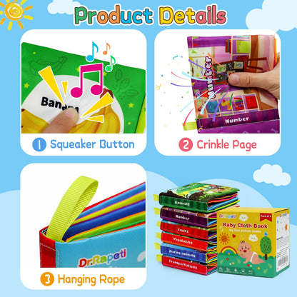 Dr.Rapeti Stoffbücher Babybücher Badebücher 6er-Pack für Babys Kleinkinder Kinder Raschelnd Quietschend Waschbar Beißfest Ungiftig Frühpädagogisch Geschenkbar