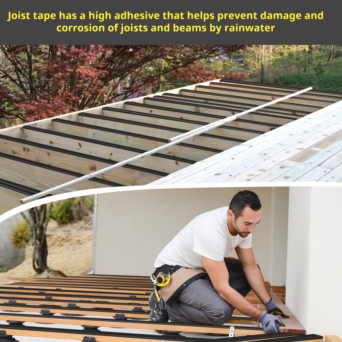 Joist Tape for Decking 2'' X 50', 6 Rolls Weather Resistance Butyl Tape, Waterproof and Anti-Corrosion, Self-Adhesive for Wood Joists Decks Beams Roof Extend Deck Life