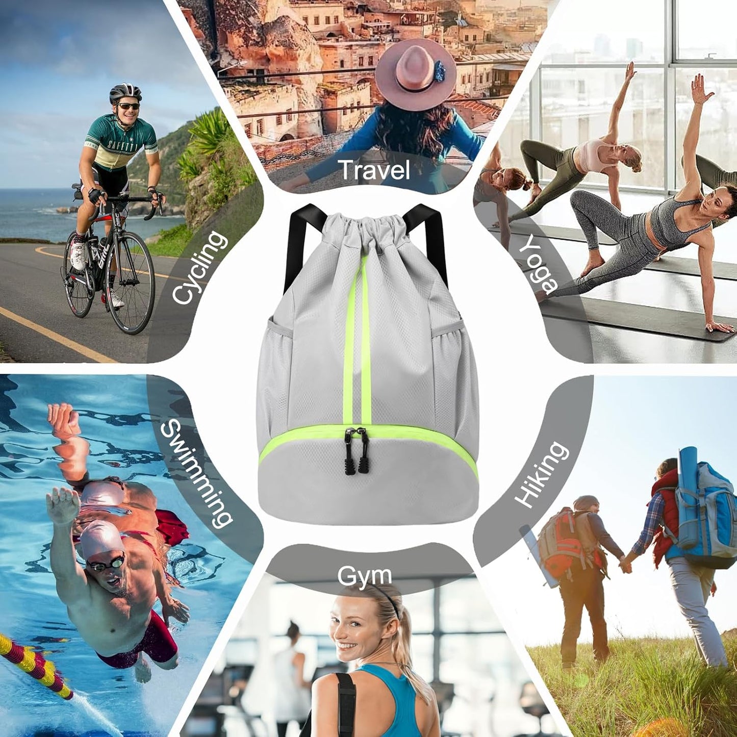 Hoedia Sports-Kordelzugrucksack – Schwimm-Turnbeutel mit Schuhfach und wasserdichter Tasche für Damen und Herren