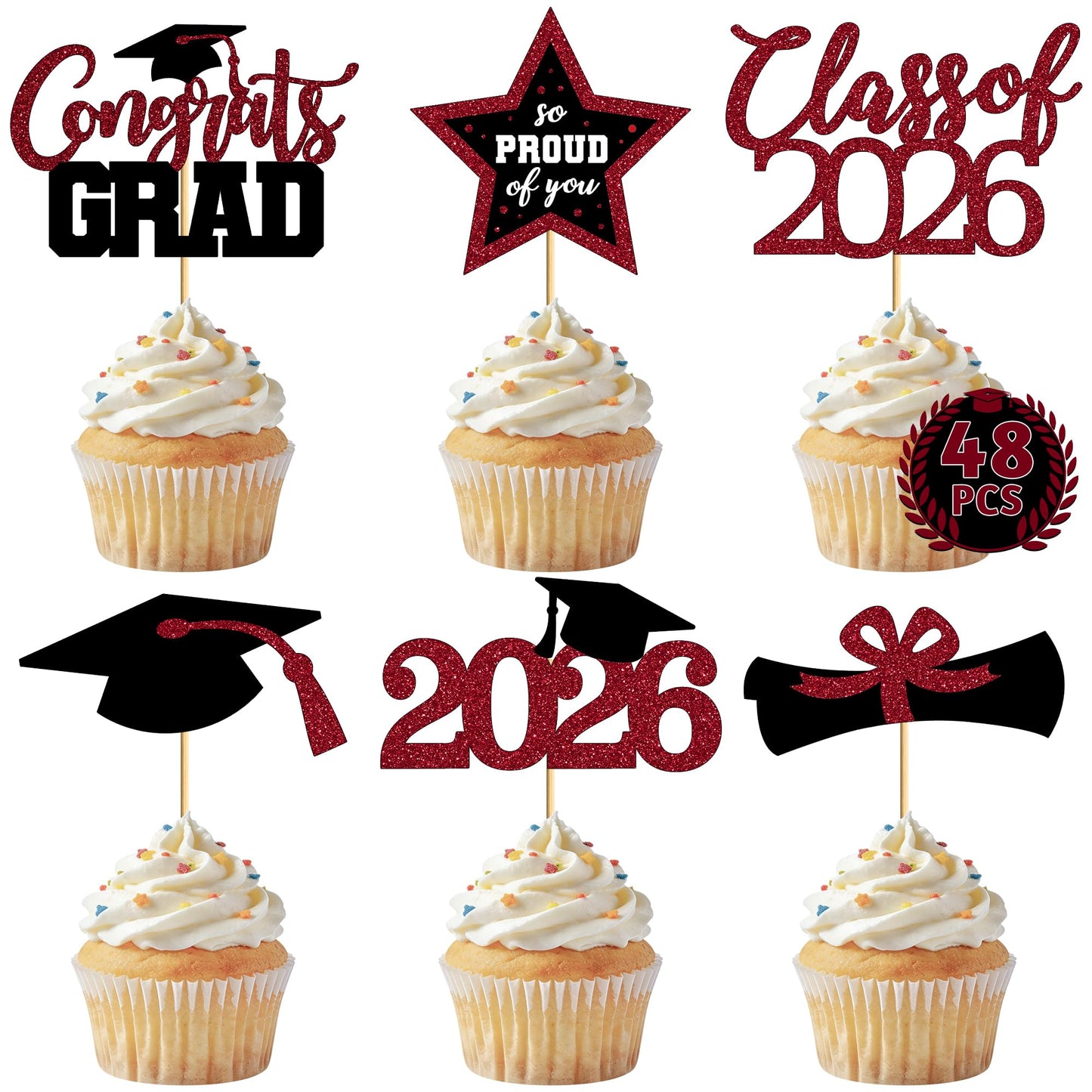 48 PCS Graduation Cupcake Toppers, 6 Styles Congrats Grad Cake Topper, Black and Gold Graduation Decorations 2026, Glittery Cap and Diploma Cake Picks for Grad Party Decor Supplies