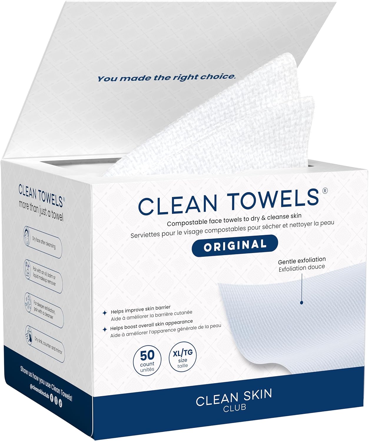 Clean Skin Club Clean Towels XL®, 100% USDA Biobased Face Towel, Disposable Face Towelette, Eczema Association Accepted, Makeup Remover Dry Wipes, Ultra Soft, 1 Pack, 50 Ct