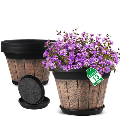 Quarut Plant Pots Set of 4 Pack 12 inch,Large Whiskey Barrel Planters with Drainage Holes & Saucer.Plastic Flower Pots Imitation Wine Barrel Design, for Indoor & Outdoor Garden Home Plants (Brown)