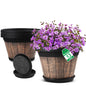 Quarut Plant Pots Set of 4 Pack 12 inch,Large Whiskey Barrel Planters with Drainage Holes & Saucer.Plastic Flower Pots Imitation Wine Barrel Design, for Indoor & Outdoor Garden Home Plants (Brown)