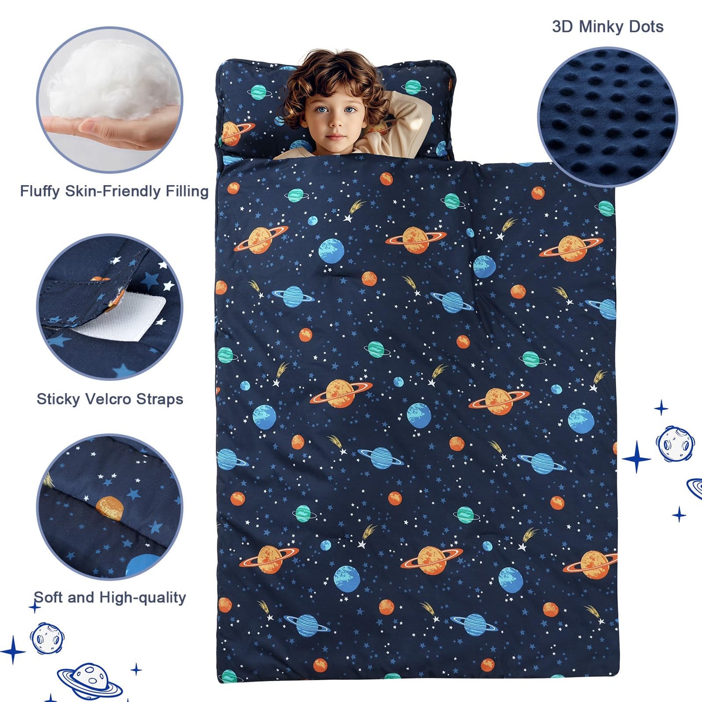 PHF Toddler Nap Mat with Removable Pillow and Minky Blanket, Rollup Design Kids Sleeping Mat, Slumber Bags for Boys, 55"x23" Toddler Sleeping Bag for Daycare Preschool Travel Camping, Space