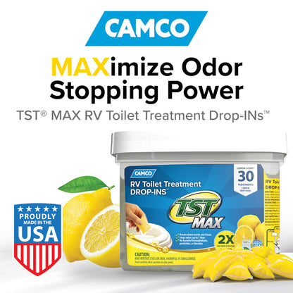 Camco TST MAX RV Toilet Treatment Drop-INs - Control Unwanted Odors & Break Down Waste and Tissue - Safe Septic Tank Treatment - Orange Scent, 30-Pack (41183)