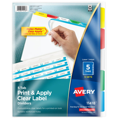 Avery 8 Tab Dividers for 3 Ring Binder, Easy Print & Apply Clear Label Strip, Index Maker Customizable Multicolor Tabs, 25 Sets (11424)