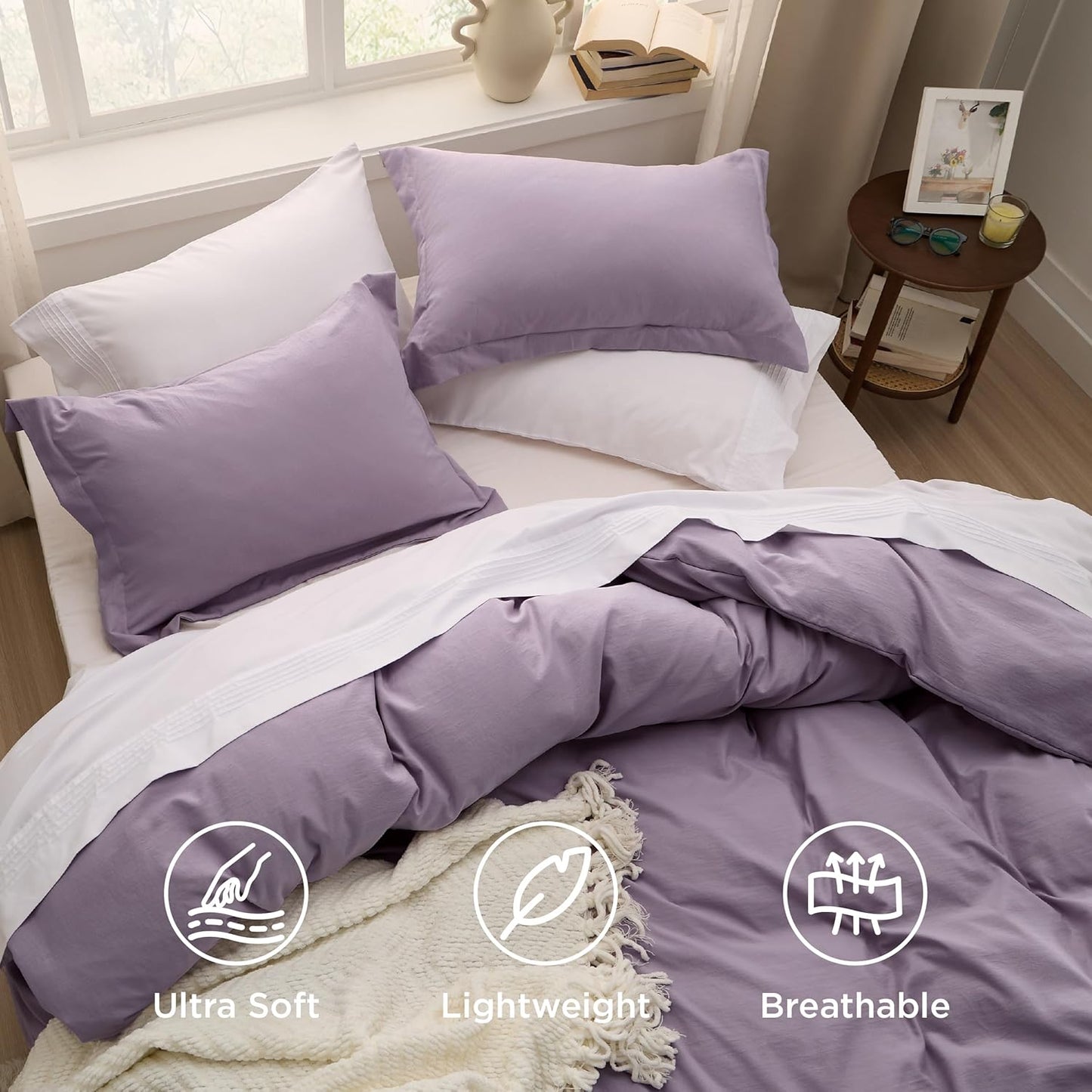 Funda nórdica blanca Bedsure, tamaño Queen, 3 piezas, aspecto de algodón prelavado, juego de cama extrasuave, incluye 1 funda nórdica de 228 x 228 cm con cierre de cremallera y 2 fundas de almohada, edredón no incluido