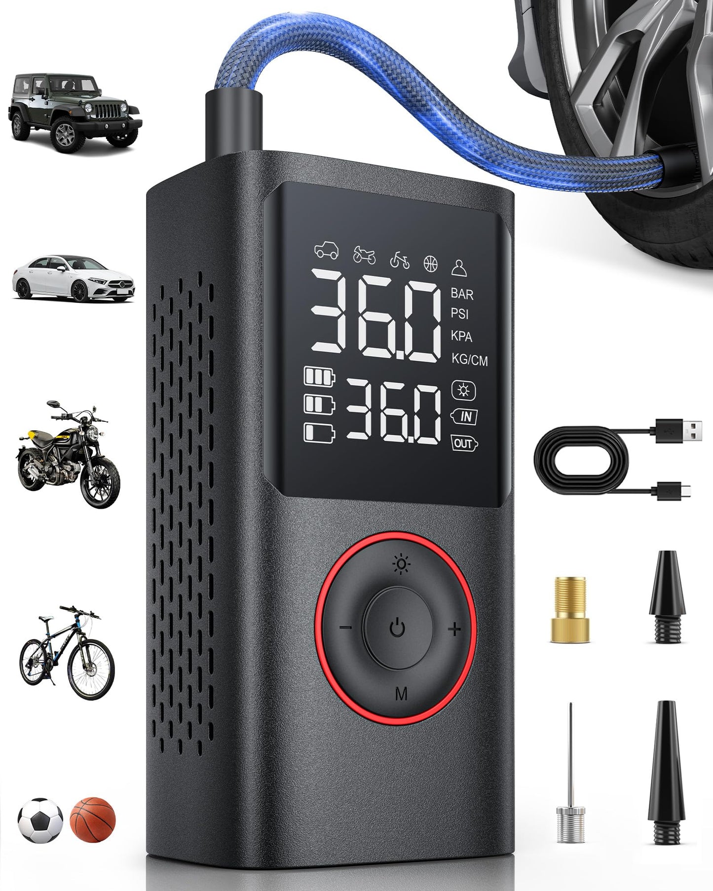 Tire Inflator Portable Air Compressor, 150 PSI Cordless Mini Bike Tire Pump, Air Pump for Auto, Motorcycle, Bicycle, Balls with Pressure Gauge&LED Light, Black, 8.89 X 4.75 X 13.79 CM