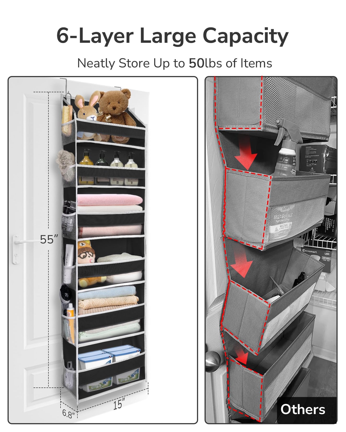 ULG Over The Door Organizer with 6 Large Pockets 12 Side Pockets, 50lbs Weight Capacity Door Hanging Organizer for Bedroom, Bathroom, Pantry, Nursery Storage, Beige