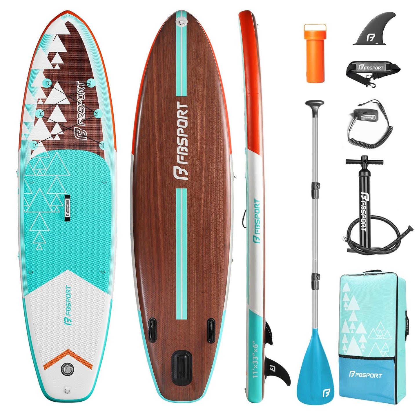 FBSPORT 11' Premium Stand Up Paddle Board, Yoga Board with SUP Accessories & Carry Bag | Wide Stance, Surf Control, Non-Slip Deck, Leash, Paddle and Pump for Youth & Adult
