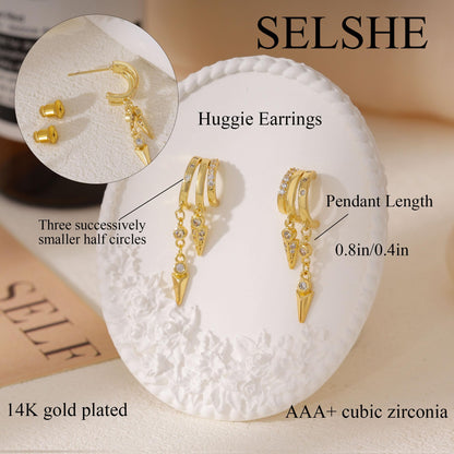 Dangle Earrings for Women,14k Gold Plated Triple Huggie Stud Earrings Cute Statement Chain Earring Dainty Drop Earrings for Women Trendy Gold Plated Jewelry