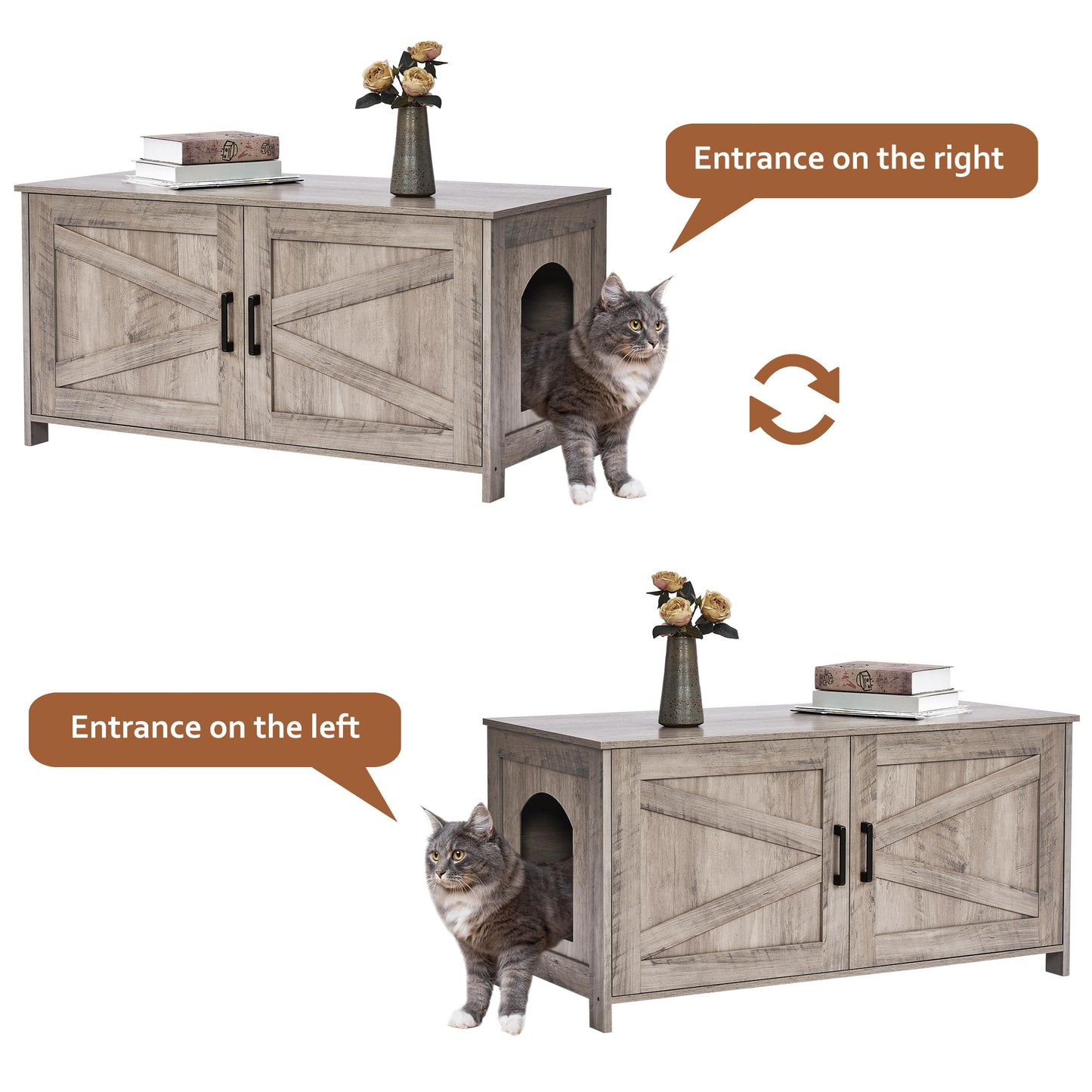 Homhedy Cat Litter Box Enclosure, Wooden Cat Washroom Furniture with Barn Door, Pet House, Fit Most of Litter Box, White