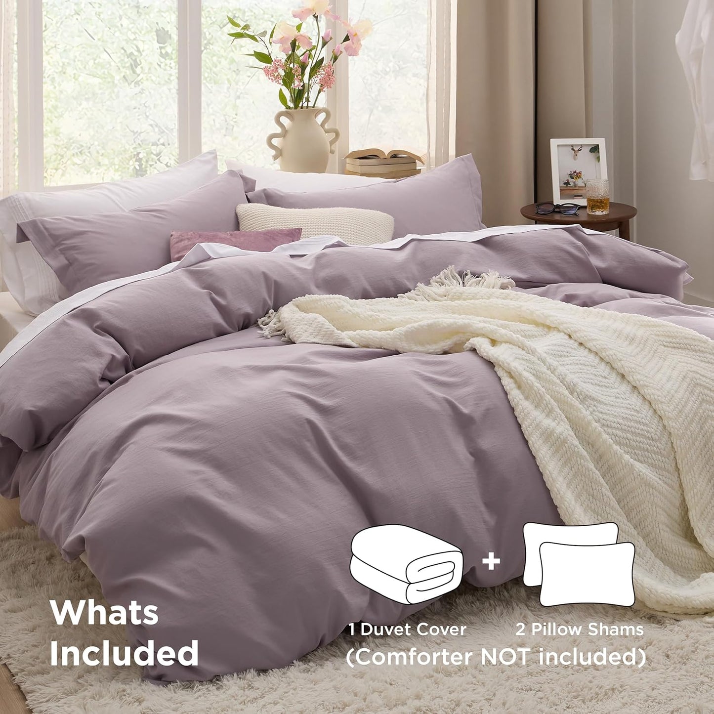 Funda nórdica blanca Bedsure, tamaño Queen, 3 piezas, aspecto de algodón prelavado, juego de cama extrasuave, incluye 1 funda nórdica de 228 x 228 cm con cierre de cremallera y 2 fundas de almohada, edredón no incluido