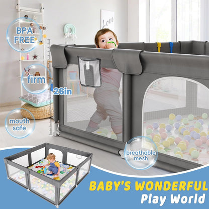 Palopalo Baby Laufgitter, 180x150cm Extra Großer Laufstall für Babys und Kleinkinder, Baby-Aktivitätszentrum mit 8 Saugnapfbasen, Baby-Laufstall mit Tür und weichem, atmungsaktivem Netz, Ohne Matte
