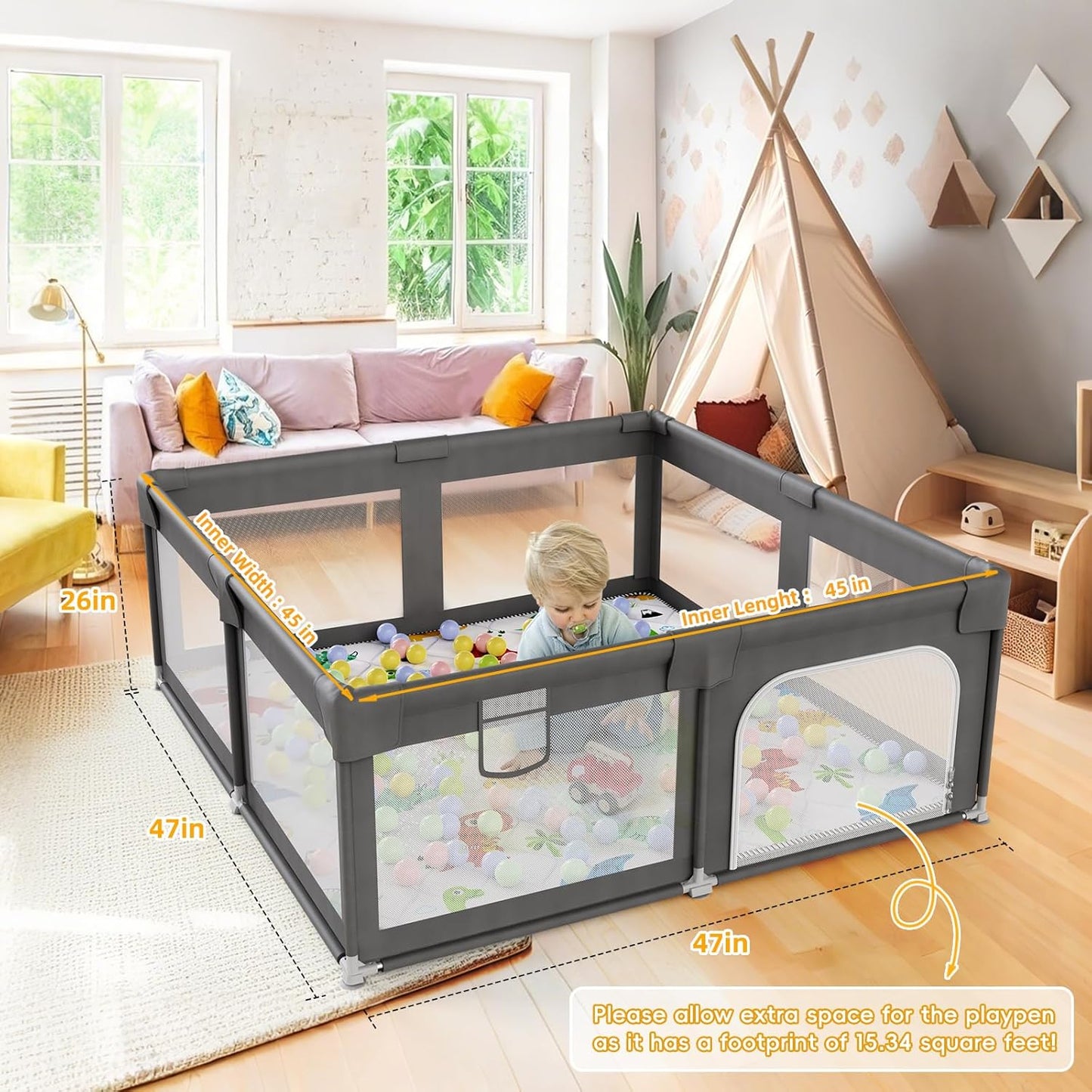 Palopalo Baby Laufgitter, 180x150cm Extra Großer Laufstall für Babys und Kleinkinder, Baby-Aktivitätszentrum mit 8 Saugnapfbasen, Baby-Laufstall mit Tür und weichem, atmungsaktivem Netz, Ohne Matte
