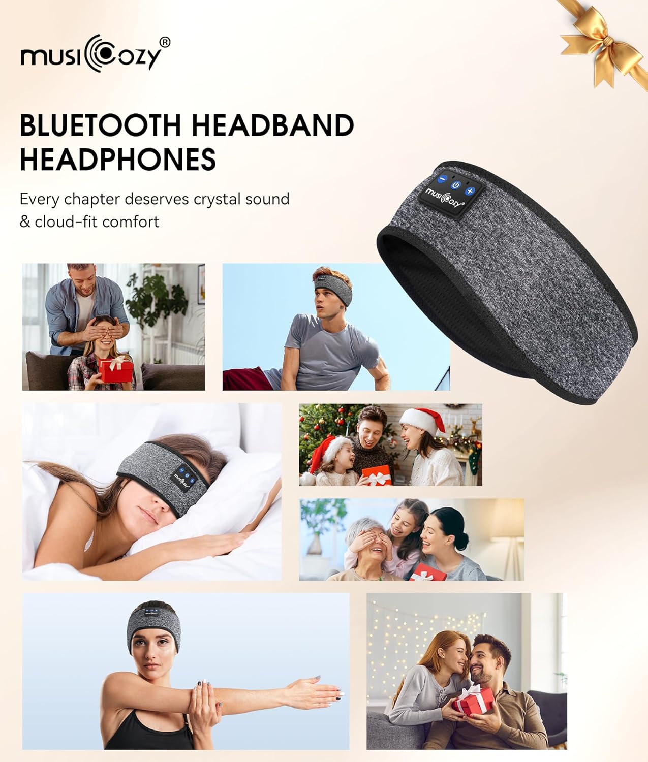 MUSICOZY Bluetooth 5.4 Schlaf-Kopfhörer-Stirnband, kabellose Schlaf-Kopfhörer-Schlafmaske Ohrhörer IPX6 wasserdicht für Seitenschläfer, Training, Laufen, Schlaflosigkeit, Reisen, Yoga, coole Tech-Gadgets, einzigartiges Geschenk