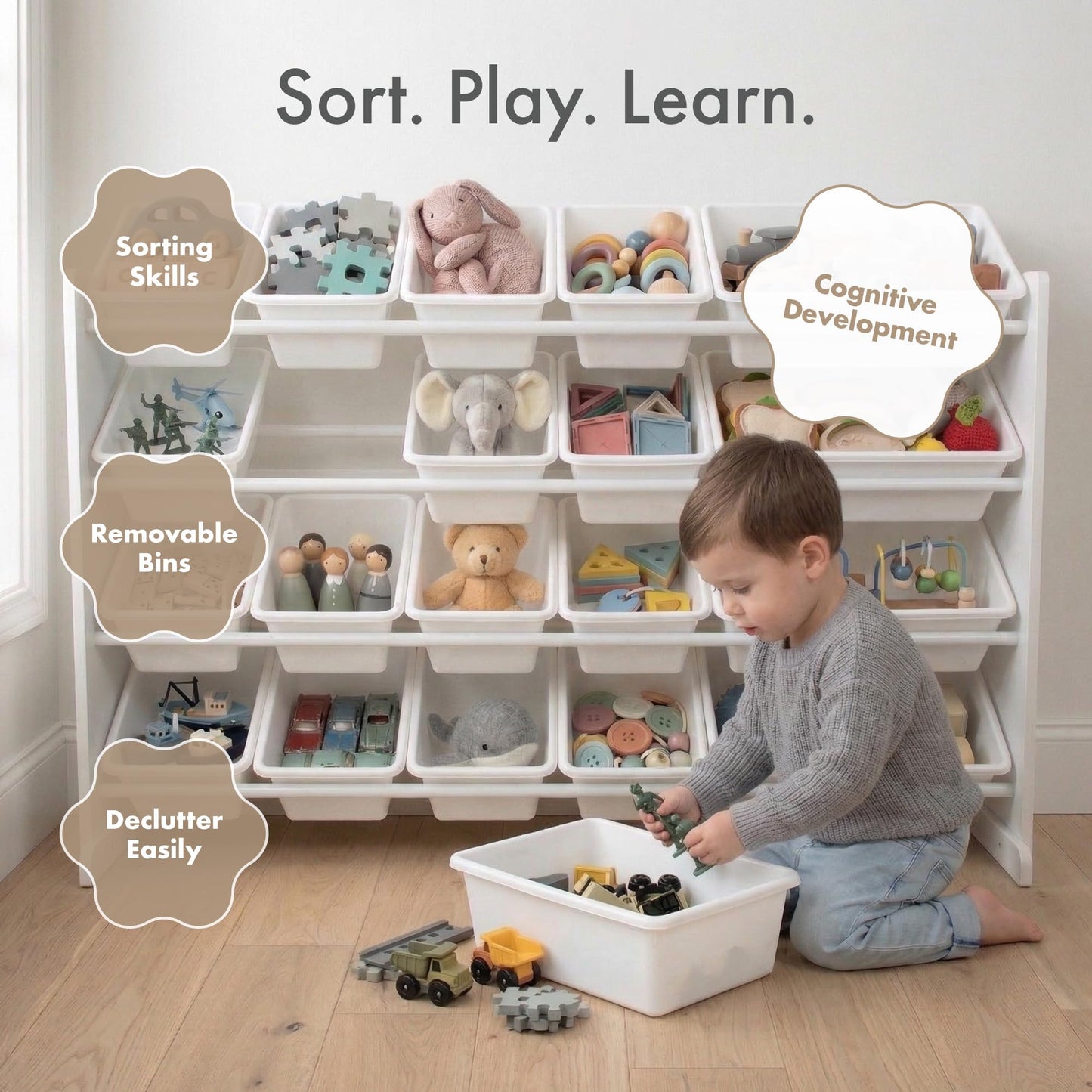Humble Crew Toy Storage Organizer with 20 Removable Storage Bins for Kids Playroom, 4-Tier Toddler Toy Organization and Storage, Natural/White