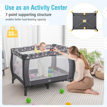 BABY JOY 4 in 1 Pack and Play with Canopy, Portable Baby Playard with Bassinet, Double-Layer Baby Crib, Wheels & Brake, Foldable Baby Girl Pink Bassinet from Newborn to Toddler