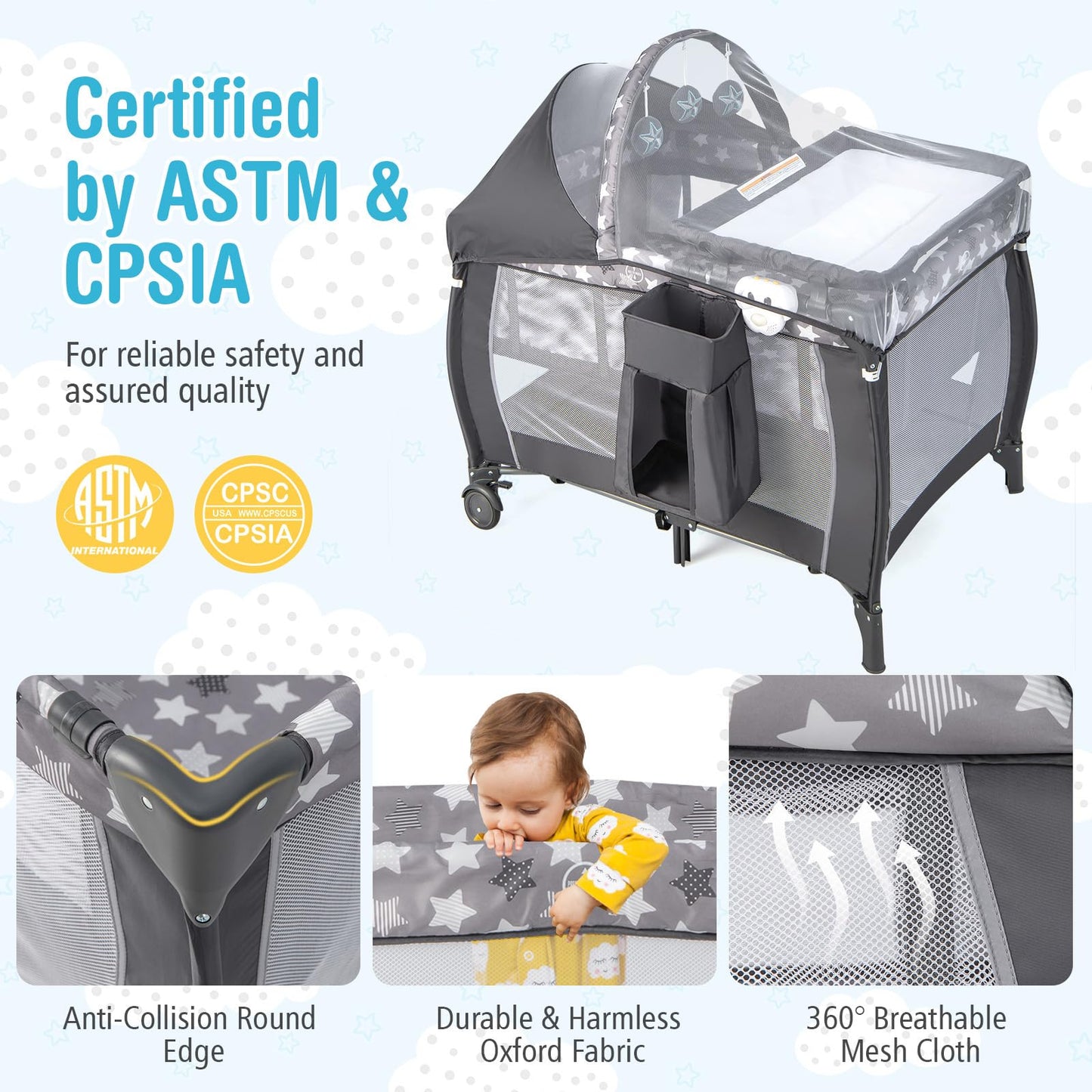BABY JOY 4 in 1 Pack and Play with Canopy, Portable Baby Playard with Bassinet, Double-Layer Baby Crib, Wheels & Brake, Foldable Baby Girl Pink Bassinet from Newborn to Toddler