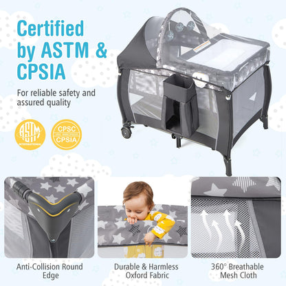 BABY JOY 4 in 1 Pack and Play with Canopy, Portable Baby Playard with Bassinet, Double-Layer Baby Crib, Wheels & Brake, Foldable Baby Girl Pink Bassinet from Newborn to Toddler