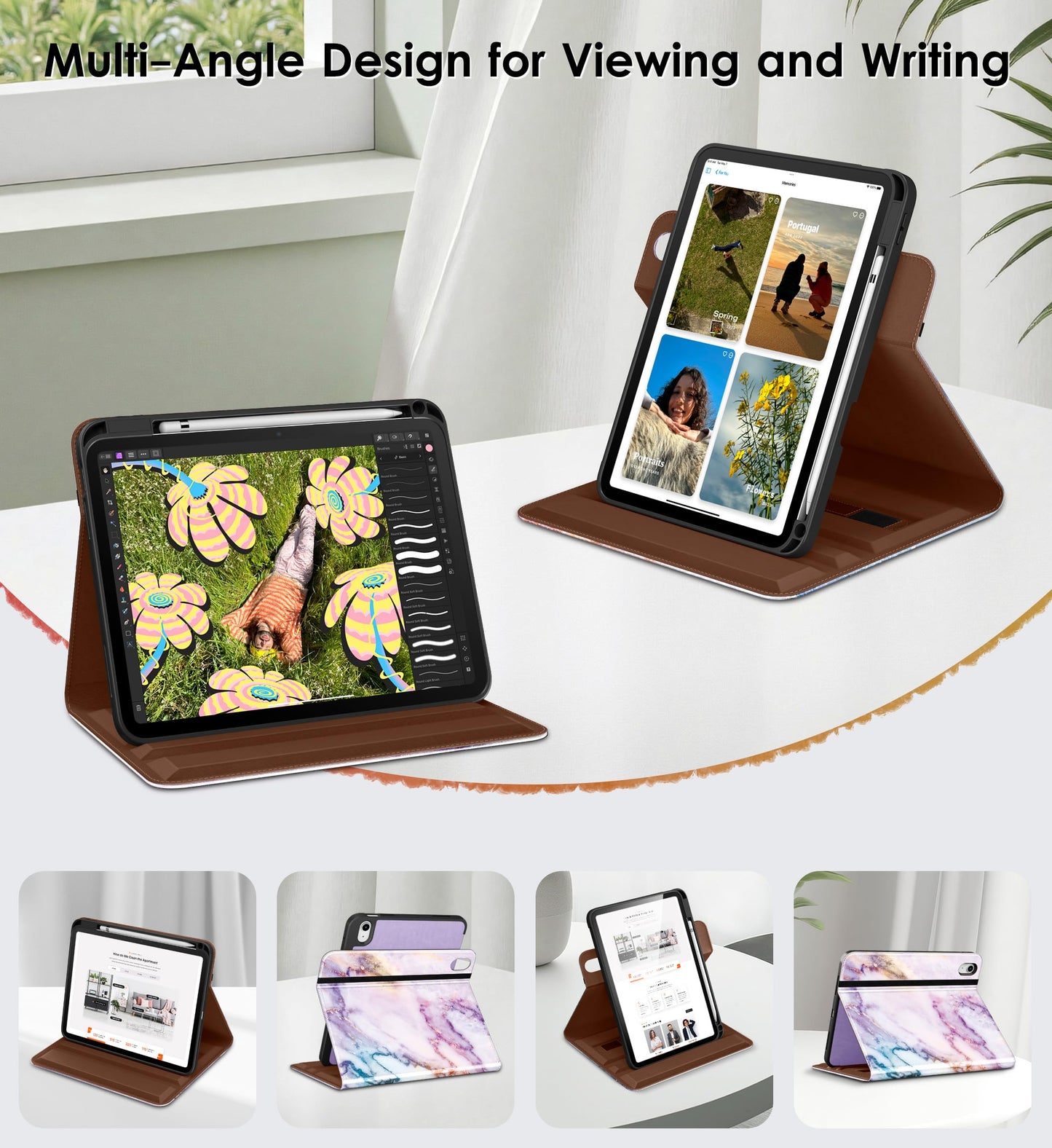 DTTO for iPad A16 Case, iPad 11th / 10th Generation Case (2025/2022), 360 Degree Rotating Premium Leather Folio Stand Cover with Pencil Holder, Brown