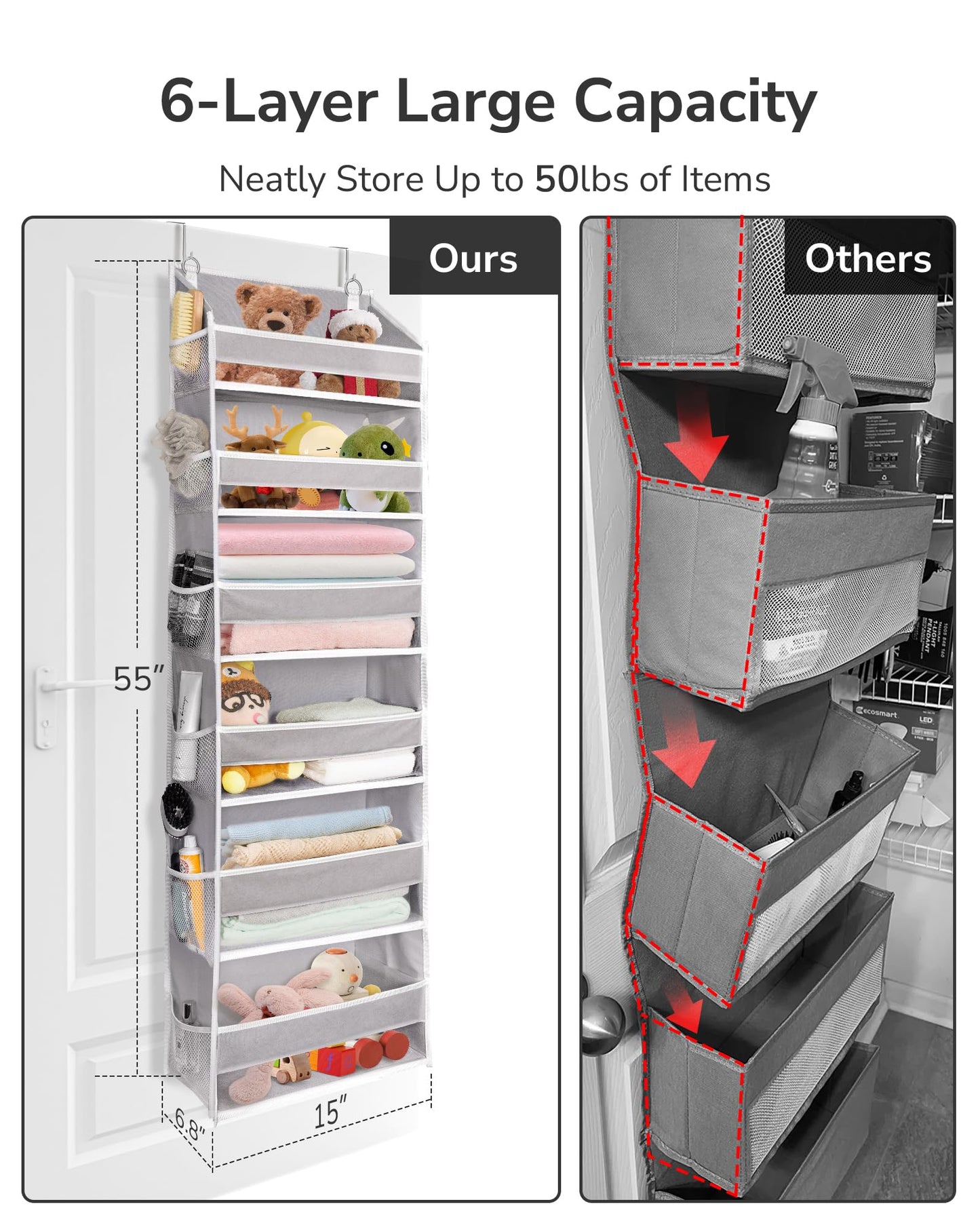ULG Over The Door Organizer with 6 Large Pockets 12 Side Pockets, 50lbs Weight Capacity Door Hanging Organizer for Bedroom, Bathroom, Pantry, Nursery Storage, Beige