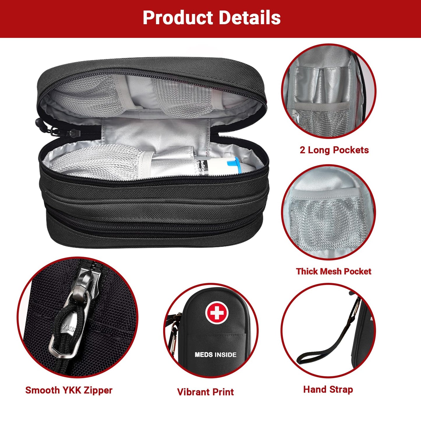 EpiPen Carrying Case, Double Layer Travel Medical Bag with Zipper, Emergency Medication Organizer Pouch for 2 Epi Pens or Auvi-Q, Anti-Histamine, Other Allergy Medicines, (Black)
