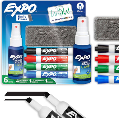 EXPO Dry Erase Markers Kit, Chisel Tip, Assorted Colours, Eraser, Spray Cleaner, 6 Count