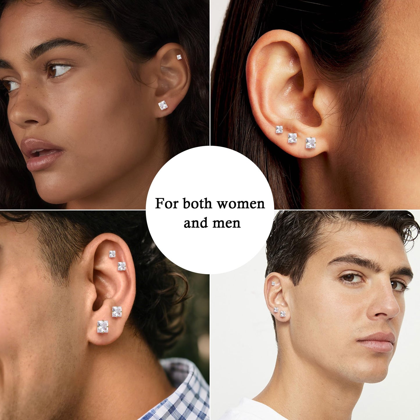 Trinckle 4 Paar Edelstahl Ohrringe, Silber Zirkonia Ohrstecker Hypoallergener Prinzessschliff Ohrstecker Set für Damen, Quadratische Ohrringe für Herren Knorpelpiercing Labordiamant Herren Schmuck Geschenke