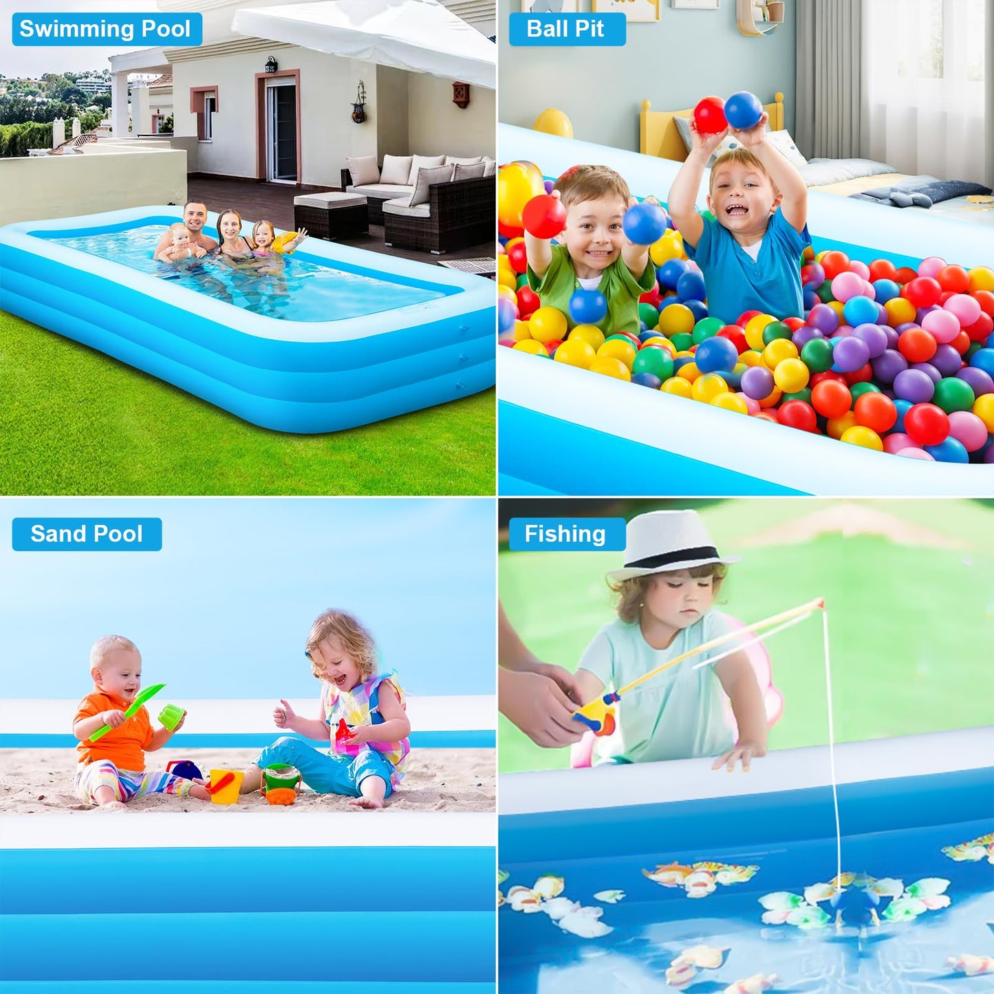 Extra Large Inflatable Pool for Adults & Kids, Family Size Blow Up Pool 165" x 76" x 22", Thickened PVC Swimming Pool with Electric Pump for Backyard Parties, Summer Fun & Outdoor Play