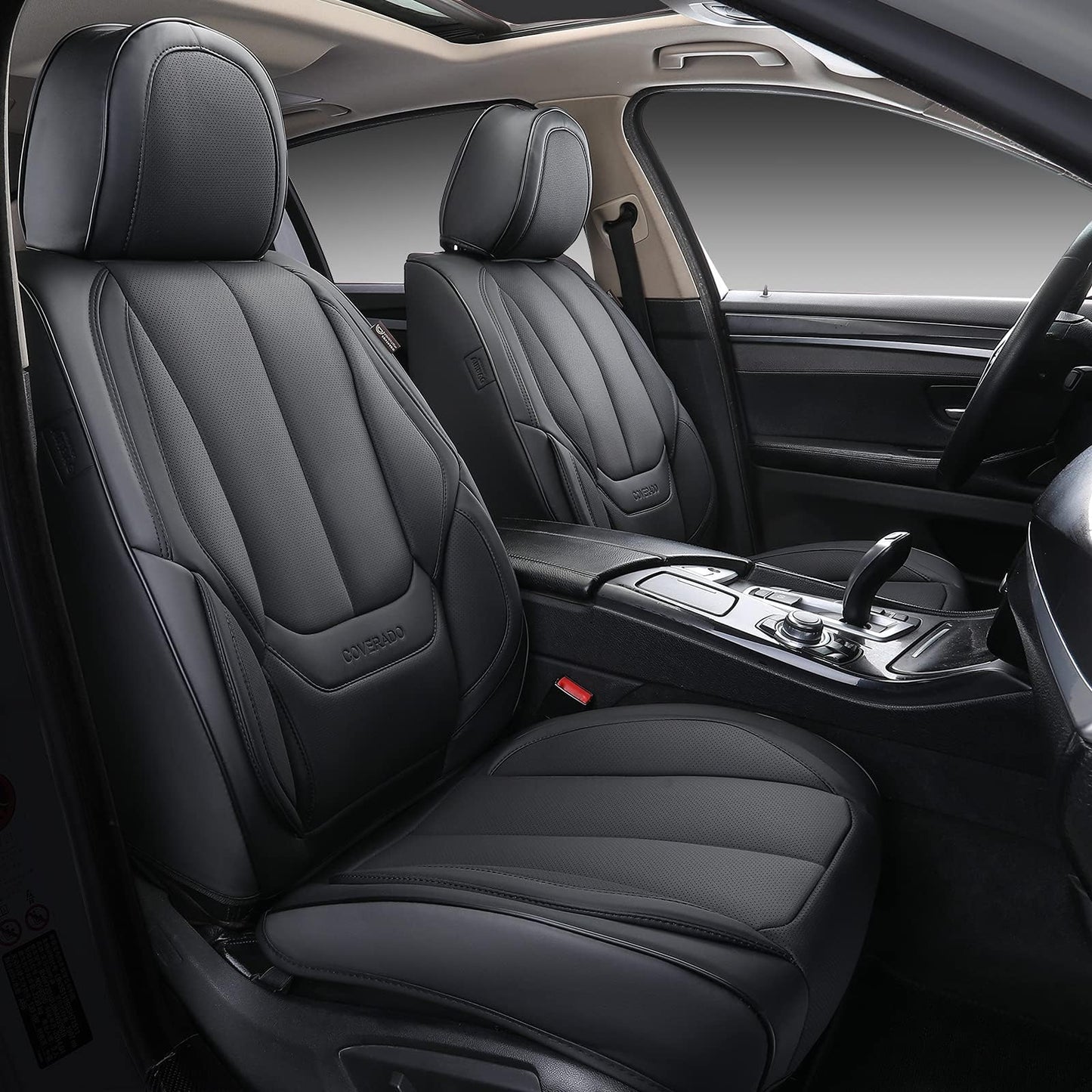 Coverado Car Seat Covers 5 Pieces, Full Set Universal Seat Covers for Cars, Waterproof Nappa Leather Auto Seat Protectors with Head Pillow, Car Interiors Fit for Most Sedans SUV Pick-up Truck, Black