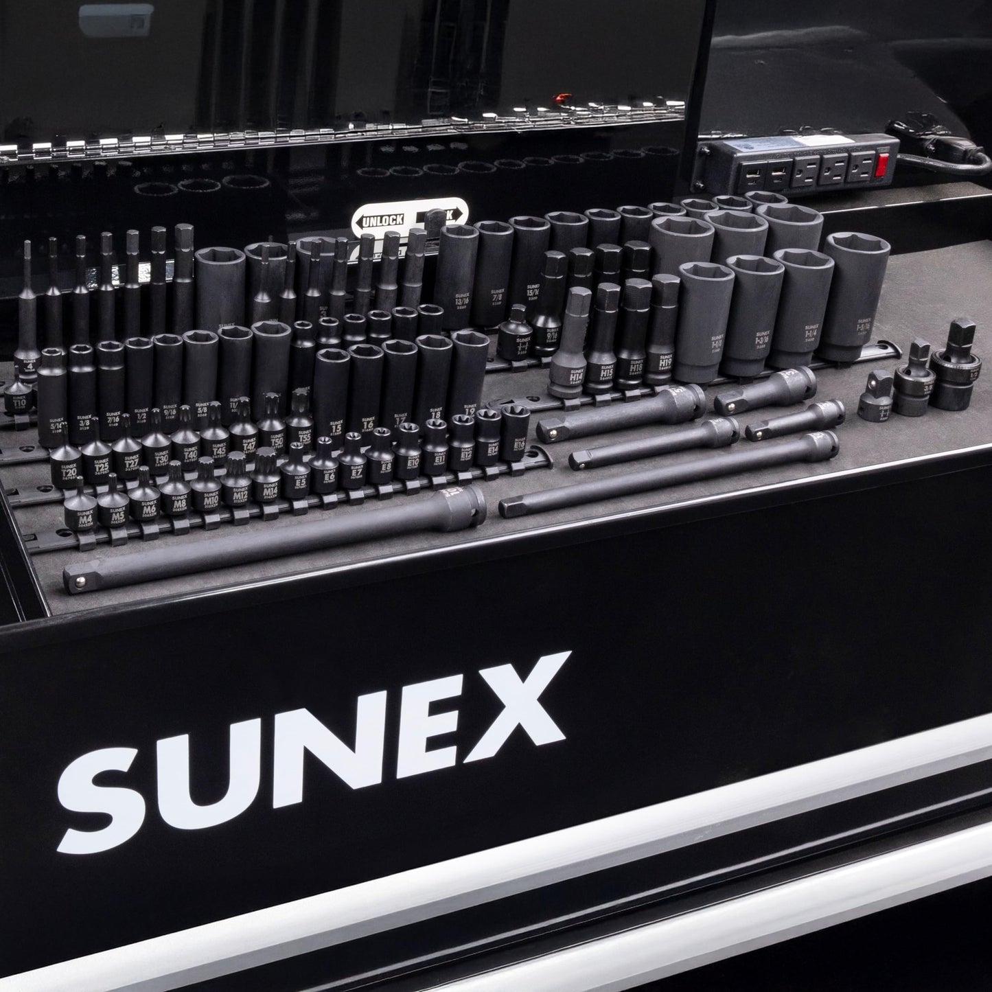 SUNEX Tools 80 Piece 3/8 in. Drive Master Impact Socket Set, Universal, Star, External Star, Extensions, Universal Joint, SAE and Metric, 8mm to 19mm and 5/16 in. to 3/4 in., CR-MO Steel, Model 3580
