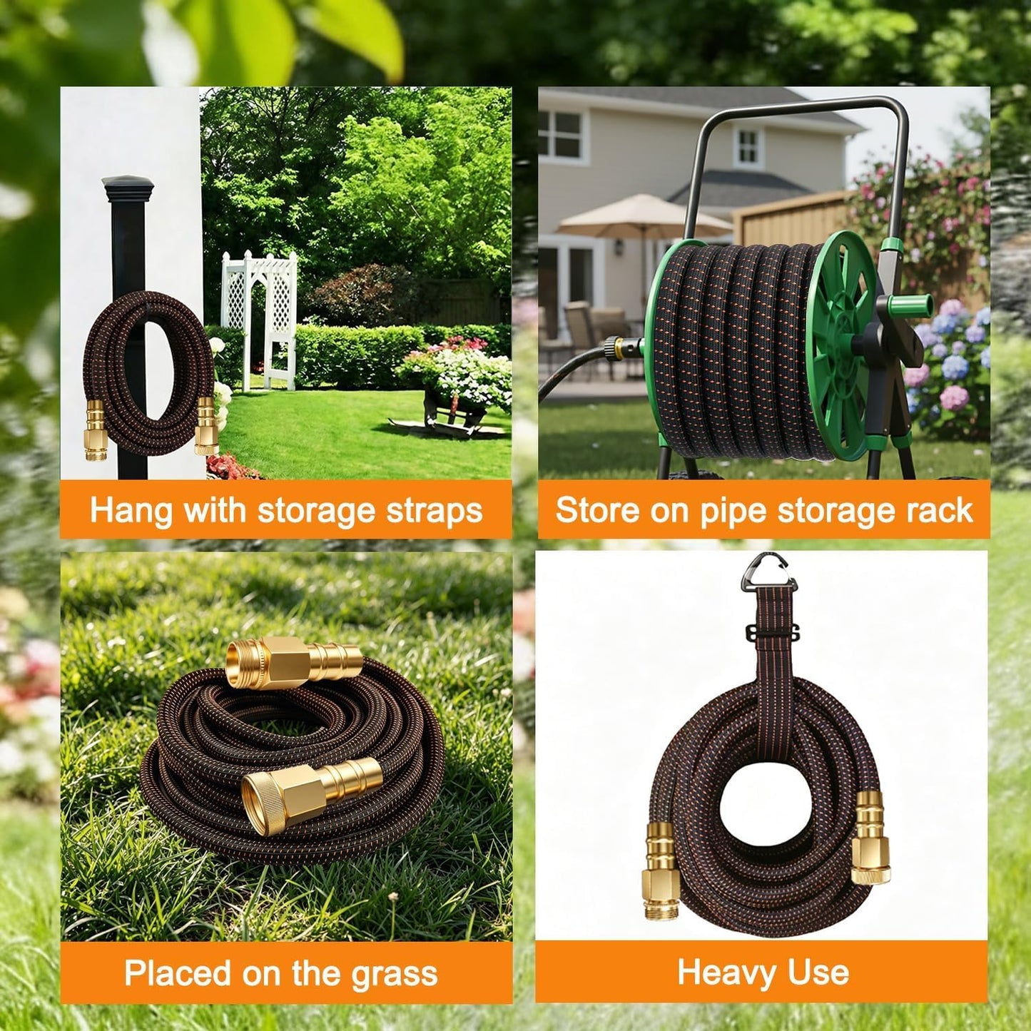 50FT Flexible Garden Hose & 10Modes Nozzle,None Expanding Lightweight Water Hose,Kink-Free,All-Weather 3/4 in. Hose for RV,Boat,Car Wash,Garden,Yard,Camper,Outdoor (Orange-Black, 50 Feet)