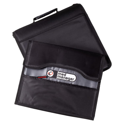 Med Manager Medicine Organizer and Portable Medical Binder, Holds (15) Pill Bottles - (11) Standard Size and (4) Large Bottles, Includes Removable 5-Tab File Folder, Black, 14 x 14 x 4 inches