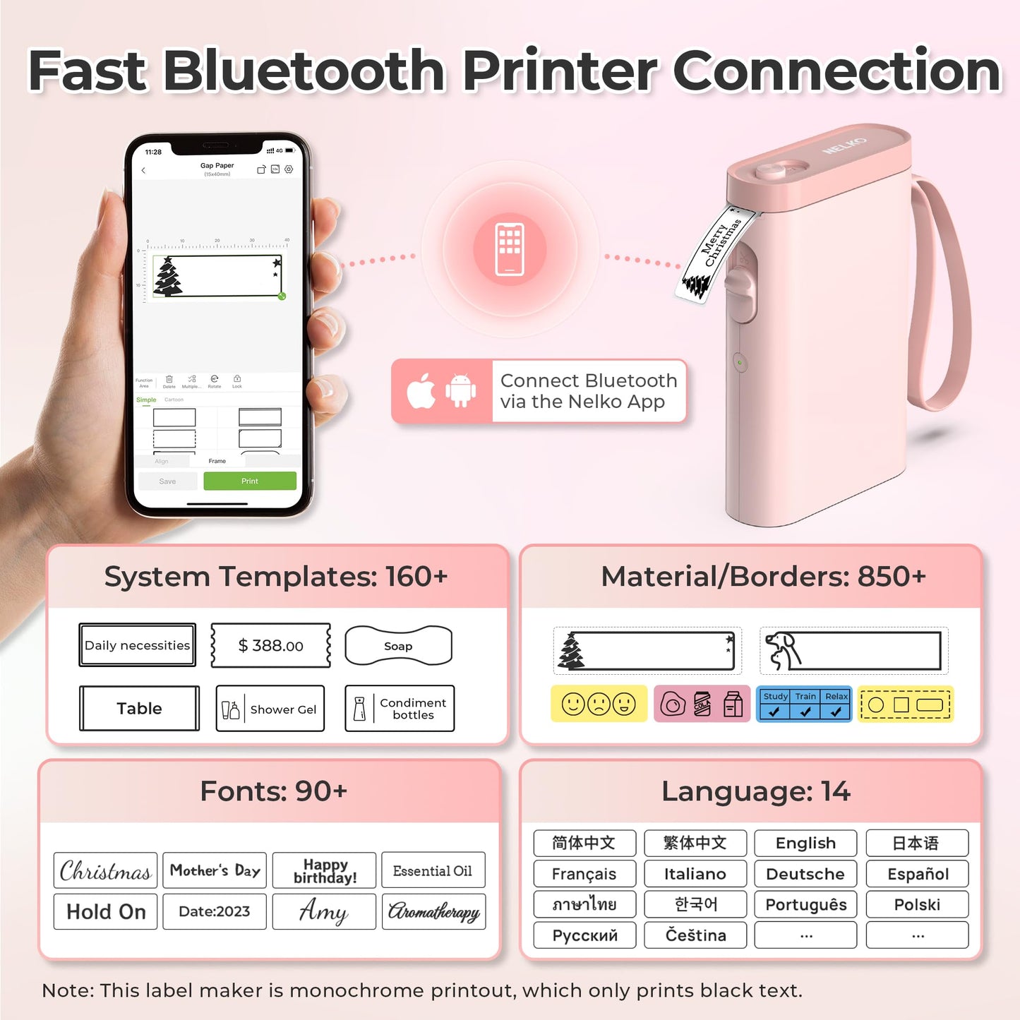 Nelko Etikettendrucker mit Band, P21 Bluetooth-Etikettendrucker, kabelloser Mini-Etikettendrucker mit mehreren Vorlagen für Schule, Büro, Zuhause, Weiß