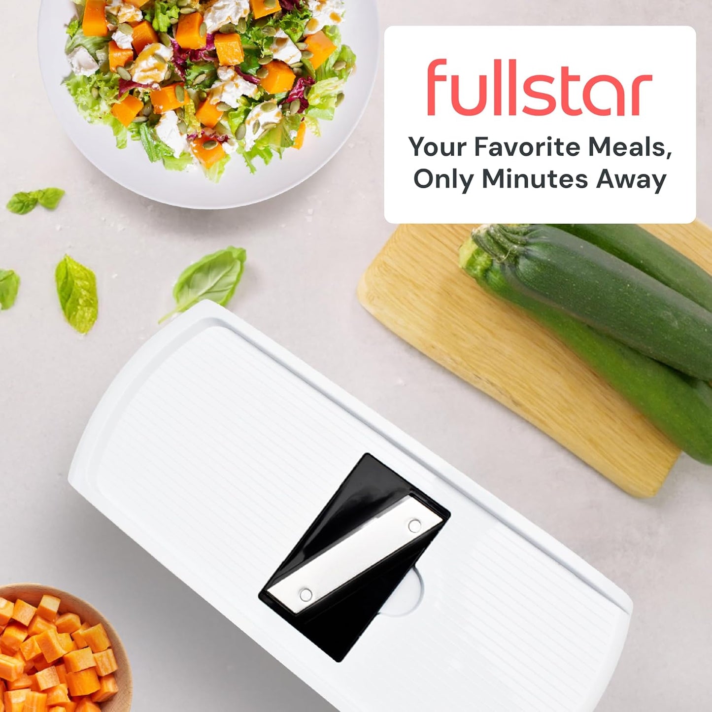 Fullstar Gemüsehacker und Mandolinenschneider - Julienne-Schneider, Würfelschneider, Reibe für Lebensmittel, Gemüse, Zwiebeln, Gurken, Tomaten, Salat, Kartoffeln, Käse - Küchenutensilien & Gadgets (Kompakt 6-in-1, Weiß)
