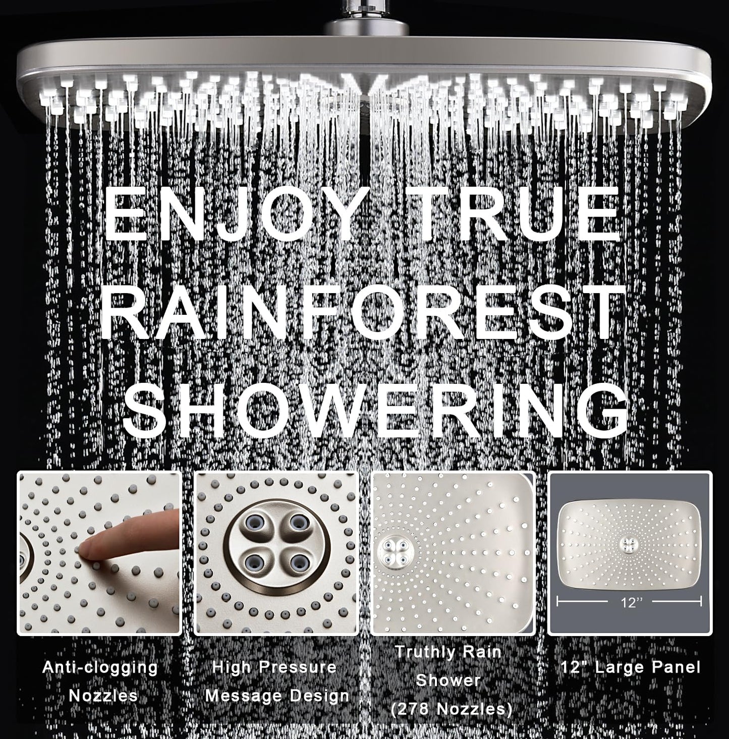 BOZYBO Rain Shower Head with Handheld: High Pressure Shower Heads with Handheld Spray Combo, 12" Rainfall Shower Head and 9 Sprays Hand Showerheads with Magnetic Docking and Power Jets, Chrome