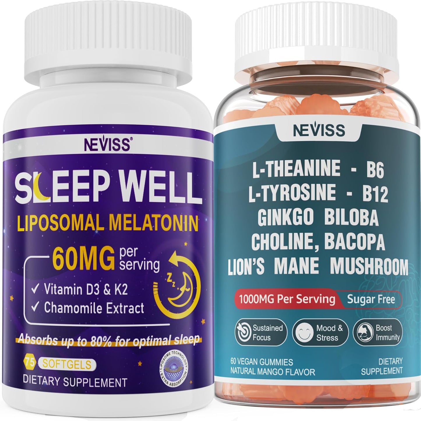 NEVISS L-Tyrosine Gummies & Melatonin 60mg for Adults Bundle