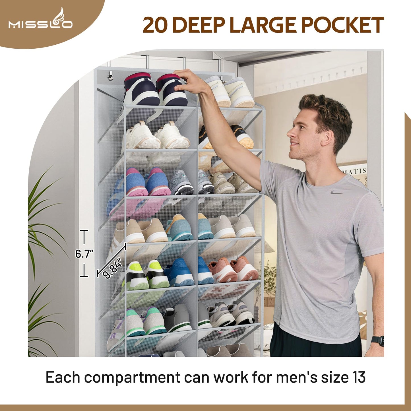 MISSLO 30 Pairs Over the Door Shoe Organizer Breathable Mesh Hanging Shoe Rack for Closet Storage with Wide Deep Pockets 10 Tier Shoes Holder Fit All the Family's Sneakers, Boots, Heels (White, 71")