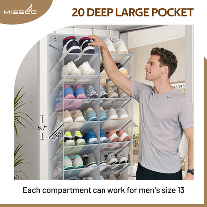 MISSLO 30 Pairs Over the Door Shoe Organizer Breathable Mesh Hanging Shoe Rack for Closet Storage with Wide Deep Pockets 10 Tier Shoes Holder Fit All the Family's Sneakers, Boots, Heels (White, 71")