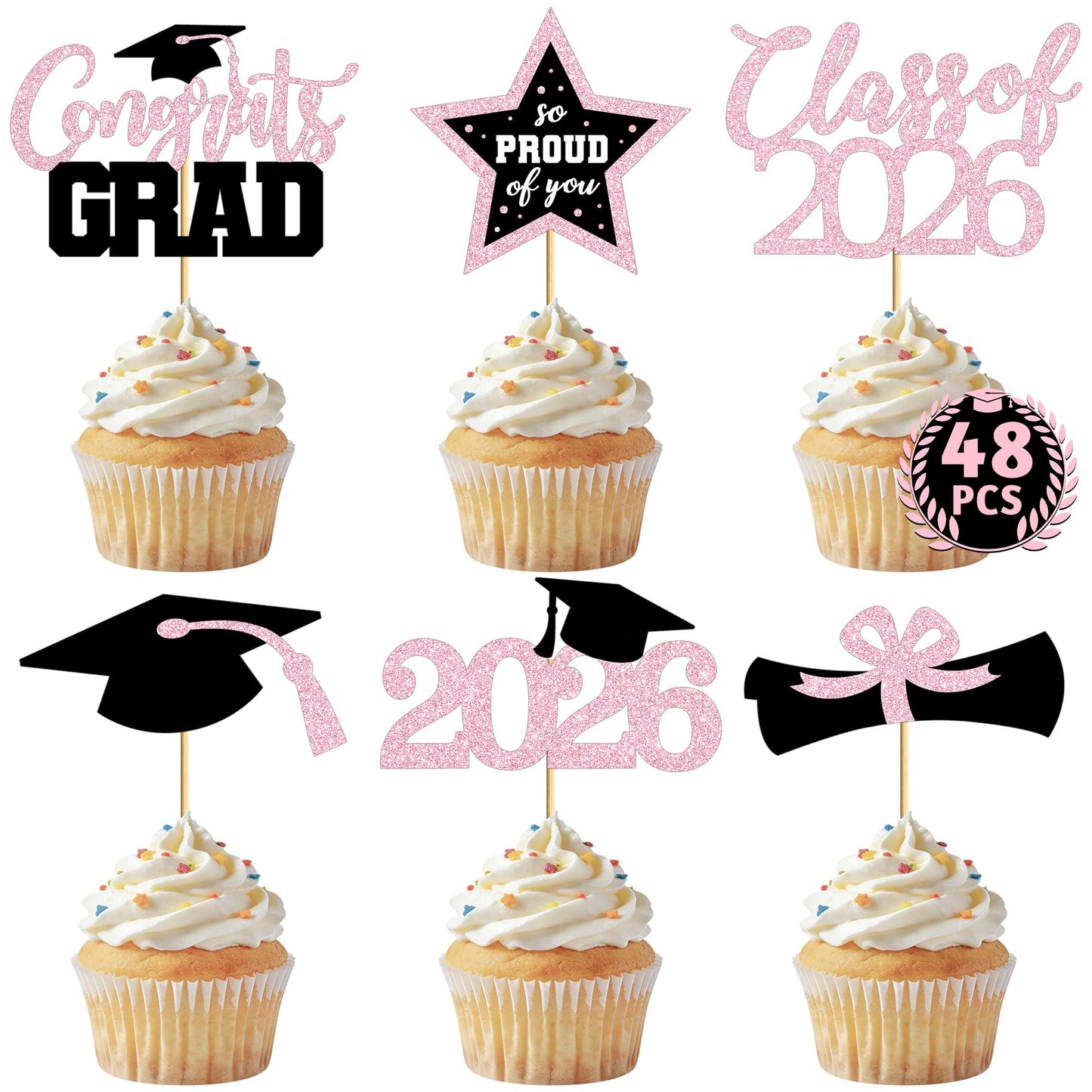 48 PCS Graduation Cupcake Toppers, 6 Styles Congrats Grad Cake Topper, Black and Gold Graduation Decorations 2026, Glittery Cap and Diploma Cake Picks for Grad Party Decor Supplies