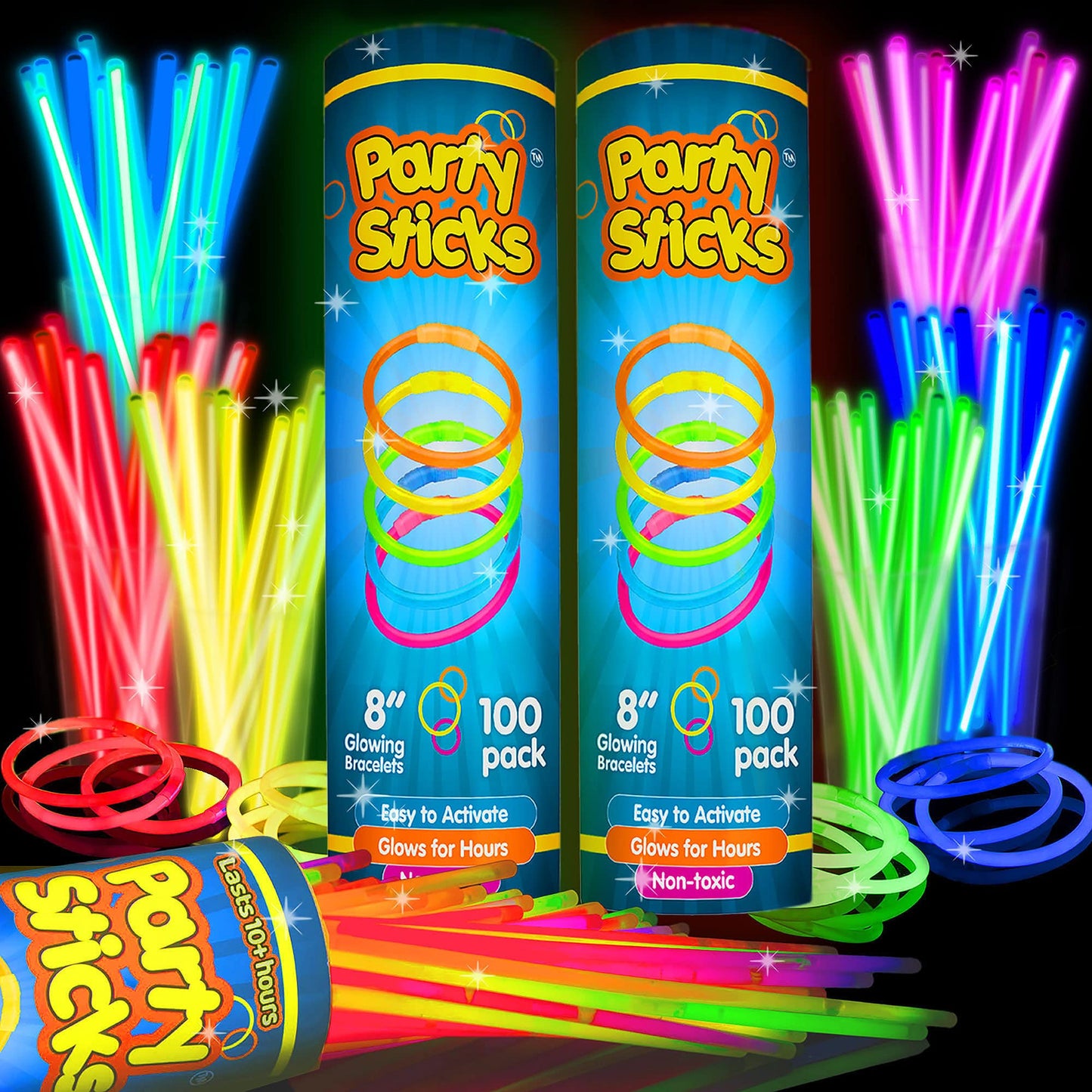 PartySticks Glow Sticks Party Supplies 100pk - 8 Inch Glow in the Dark Light Up Sticks Party Favors, Glow Party Decorations, Neon Party Glow Necklaces and Glow Bracelets with Connectors
