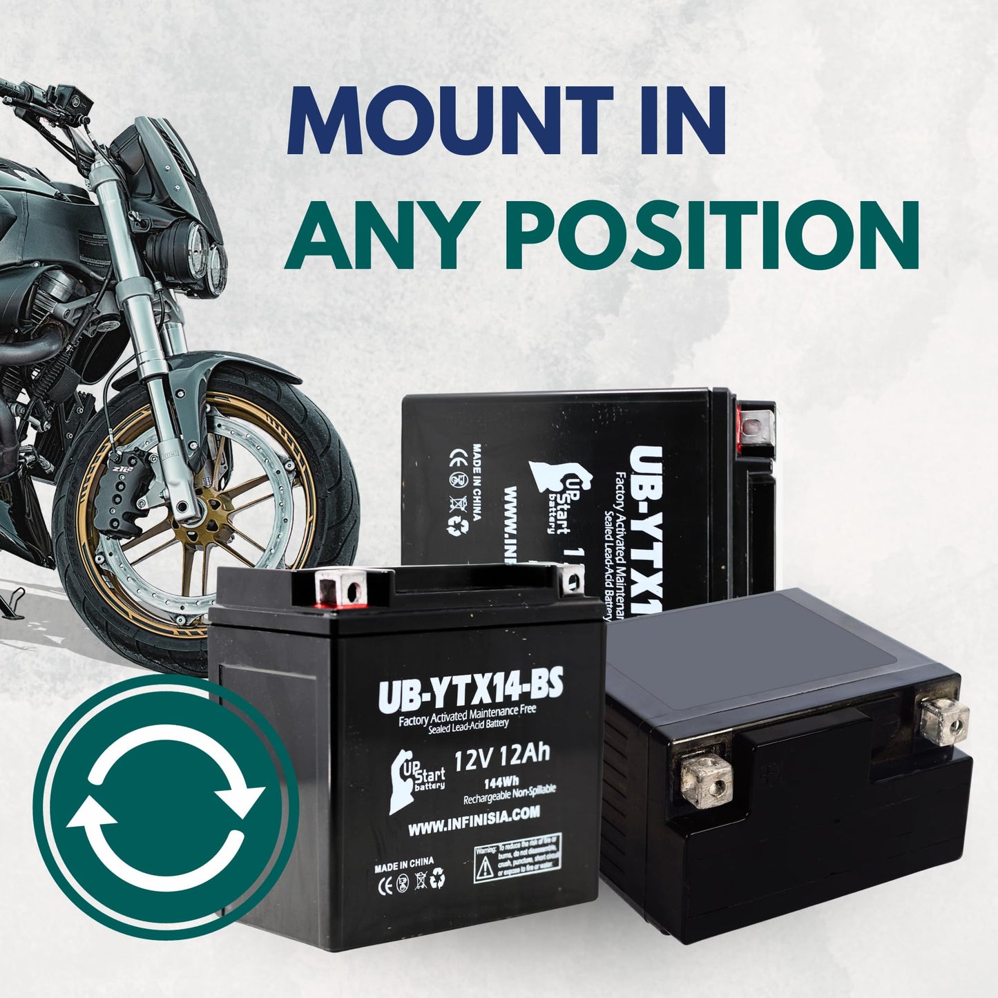 YTX14-BS Batterie – Motorradbatterie, ATV-Batterie 12V 12AH, UTV, Quad, Schneemobil, Powersport-Batterien – Kompatibel mit Honda Rancher 350, Buell Blast, Yamaha – Versiegelte Blei-Säure-AGM 12 Volt