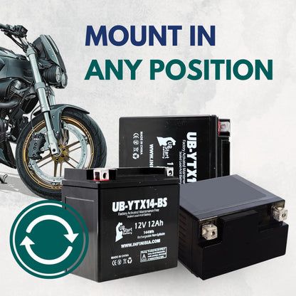 YTX14-BS Batterie – Motorradbatterie, ATV-Batterie 12V 12AH, UTV, Quad, Schneemobil, Powersport-Batterien – Kompatibel mit Honda Rancher 350, Buell Blast, Yamaha – Versiegelte Blei-Säure-AGM 12 Volt